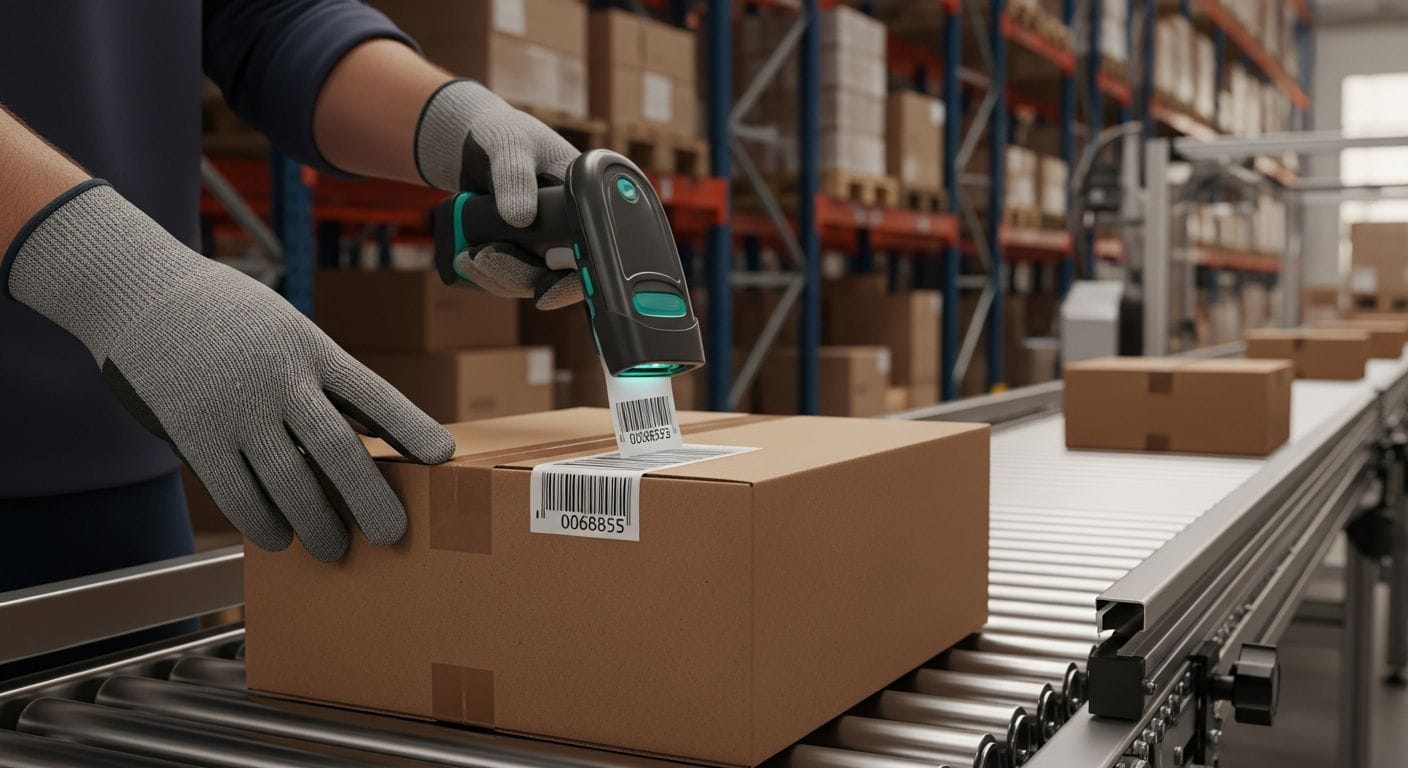 Worker scanning 2D barcode on package in warehouse fulfillment operation, showing barcode tracking implementation process