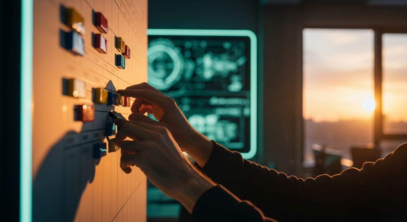 Warehouse manager analyzing safety stock data on computer dashboard with inventory shelves in background