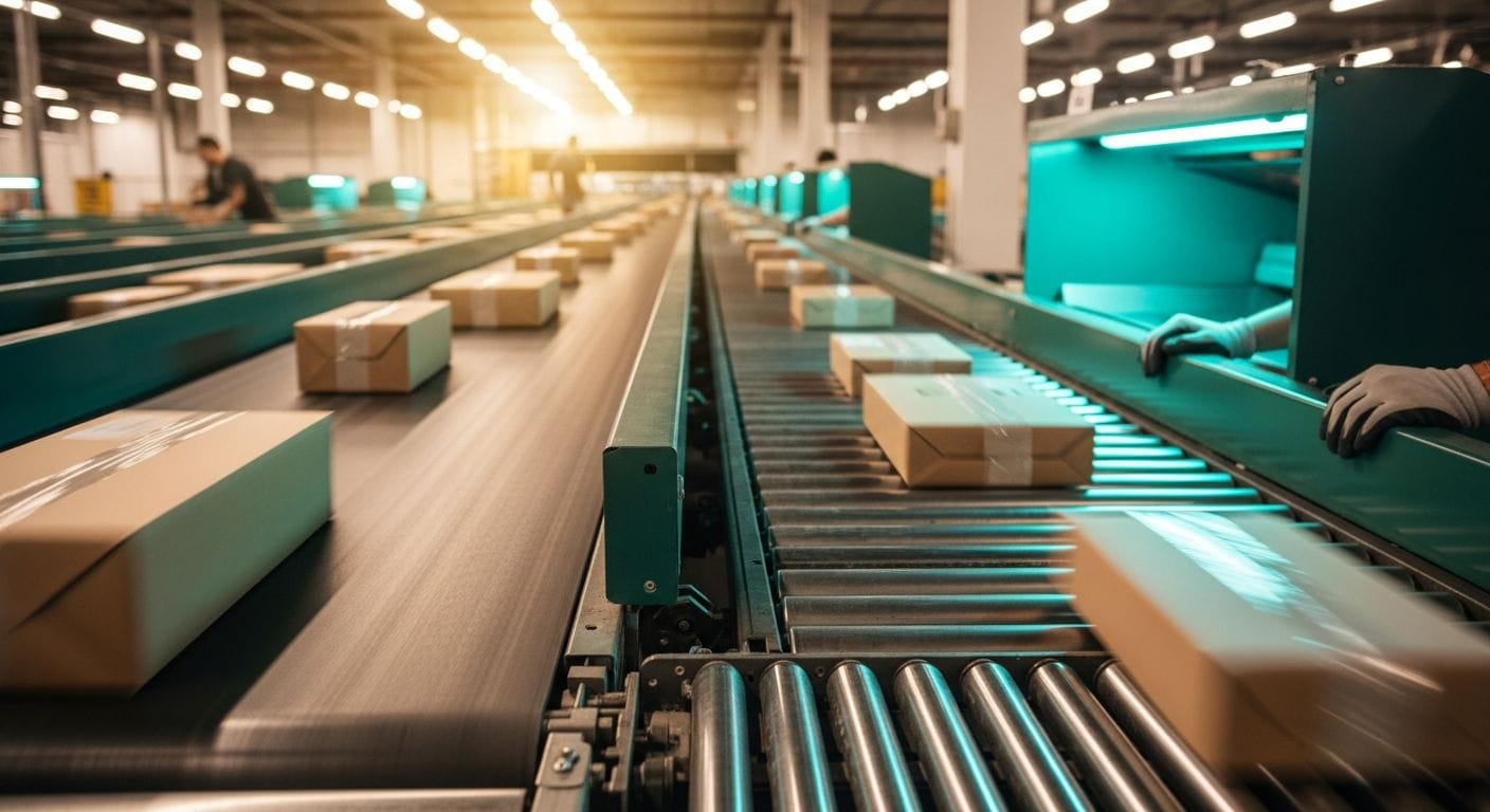 Automated warehouse system with conveyor belts and robotic arms processing returned packages for e-commerce returns managemen