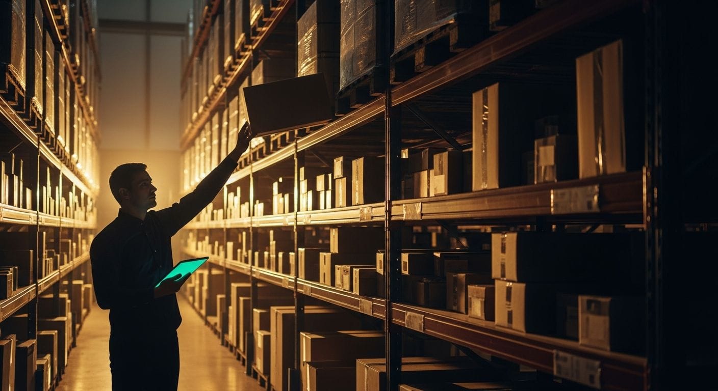 Warehouse shelves with varying stock levels, seasonal items highlighted, promotional signage visible across different invento
