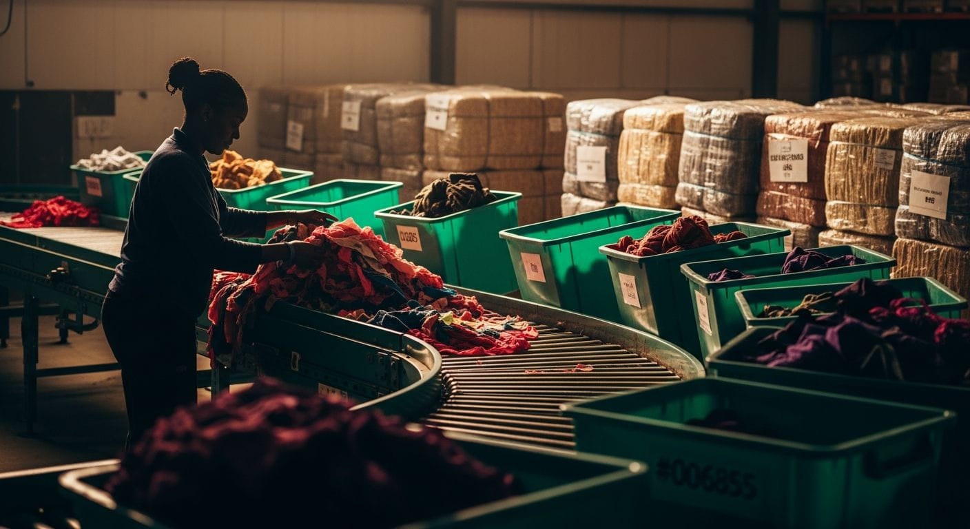 Workers sorting donated clothing items by color and material type in a textile recycling facility warehouse.