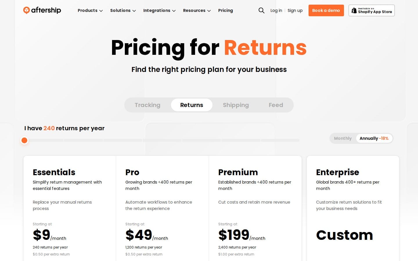 Screenshot of AfterShip Returns's pricing page