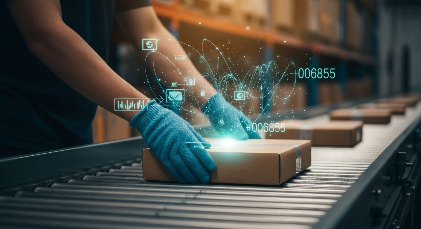 Warehouse manager scanning ASN barcode on tablet while checking inventory shelves in modern fulfillment center