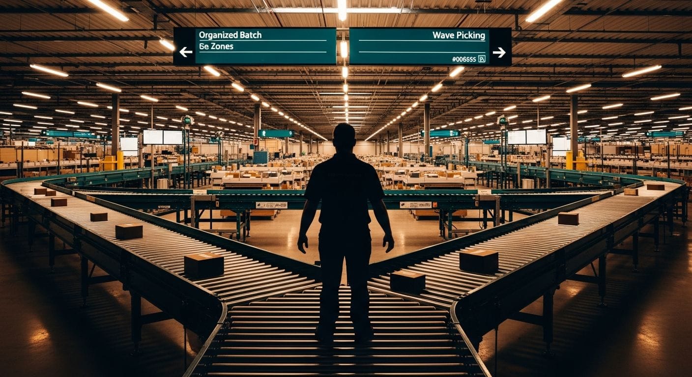 Warehouse worker comparing batch picking and wave picking methods on digital screen with organized inventory shelves in backg