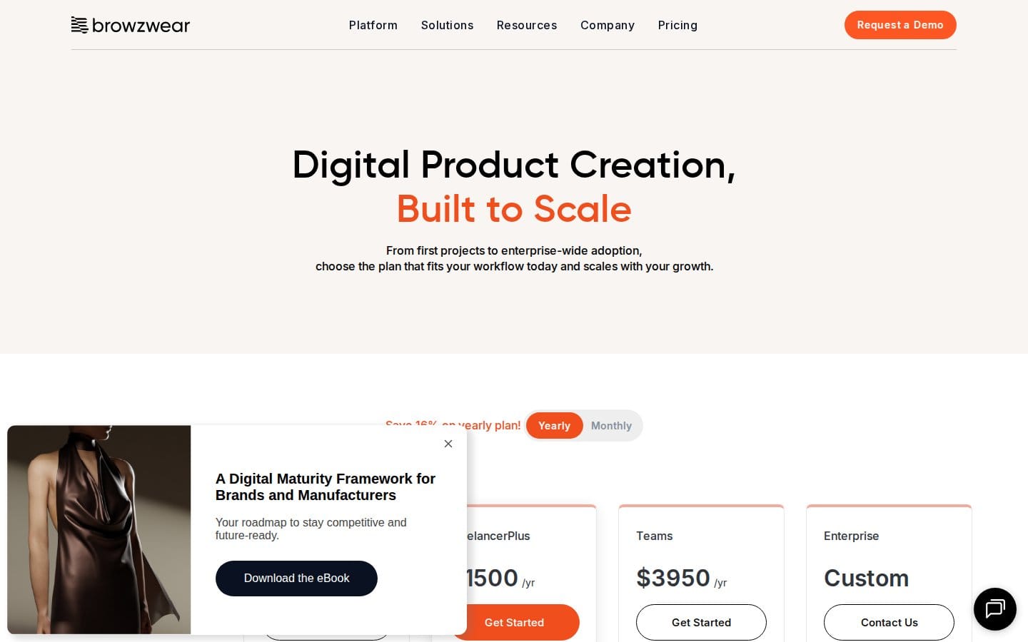 Screenshot of Browzwear's pricing page