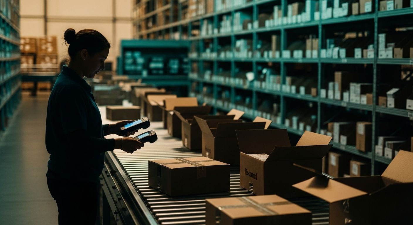 Warehouse worker scanning returned packages on a conveyor belt in a modern returns processing center.