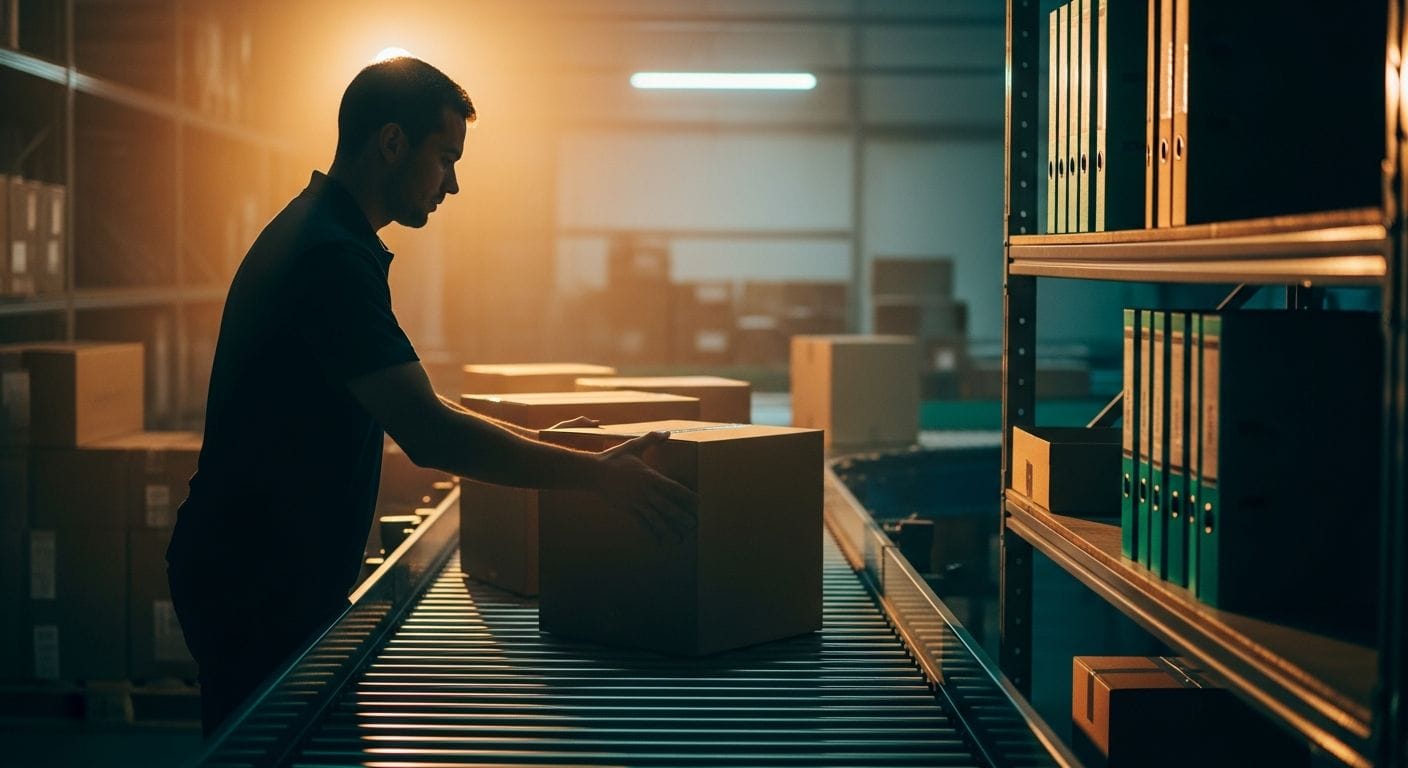 Busy e-commerce warehouse with workers managing inventory, packaging, and sorting electronic waste materials for recycling co