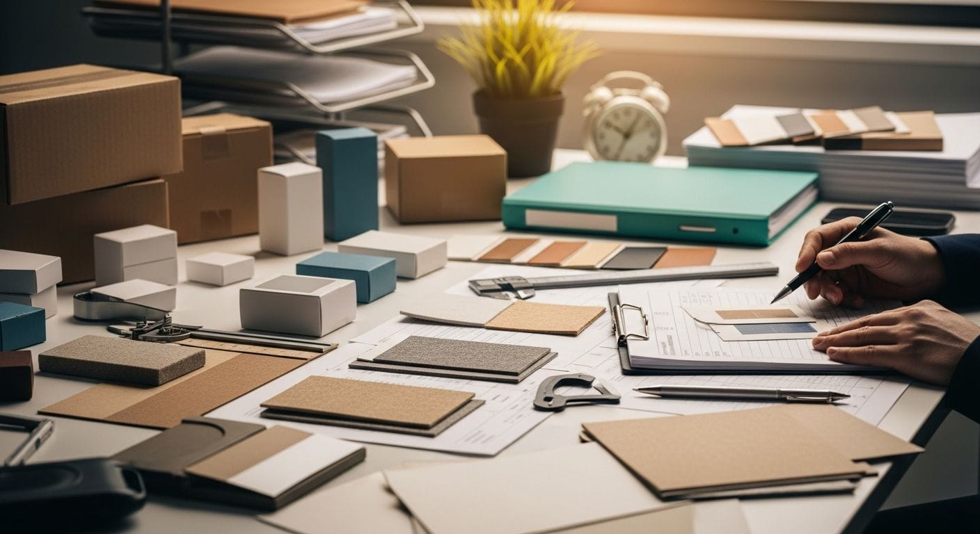Person collecting and organizing product packaging materials and documentation for CITEO compliance filing on a work desk.
