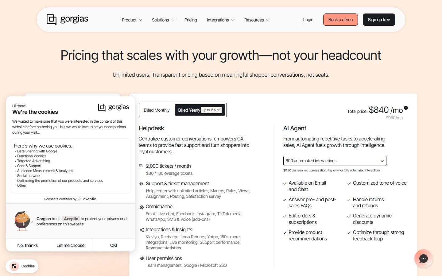 Screenshot of Gorgias's pricing page