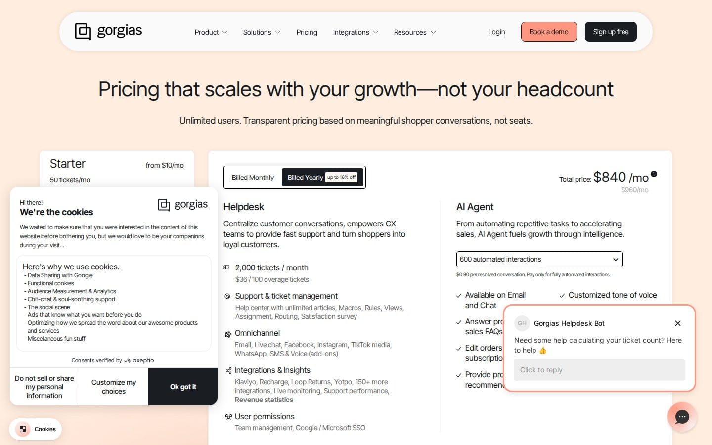 Screenshot of Gorgias's pricing page