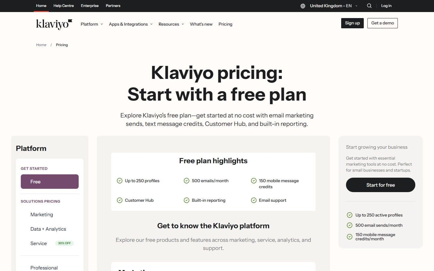 Screenshot of Klaviyo's pricing page