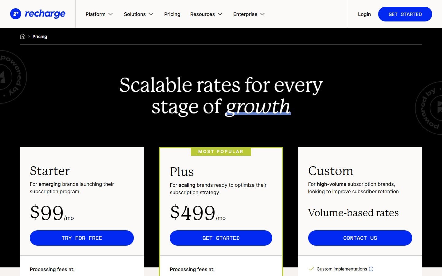 Screenshot of Recharge's pricing page