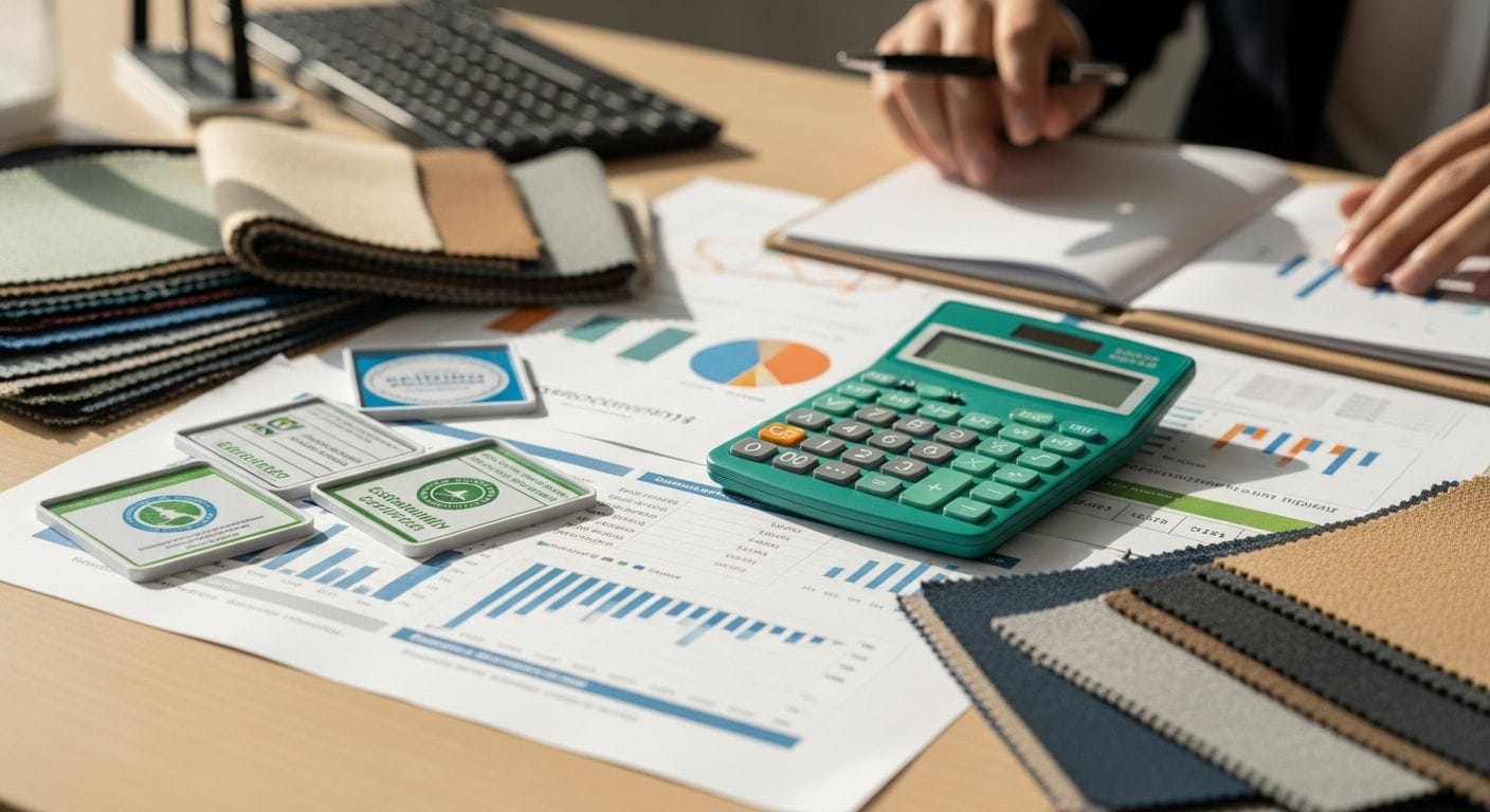 Calculator and documents showing bonus and penalty calculations for France's eco-modulation scheme with fashion items