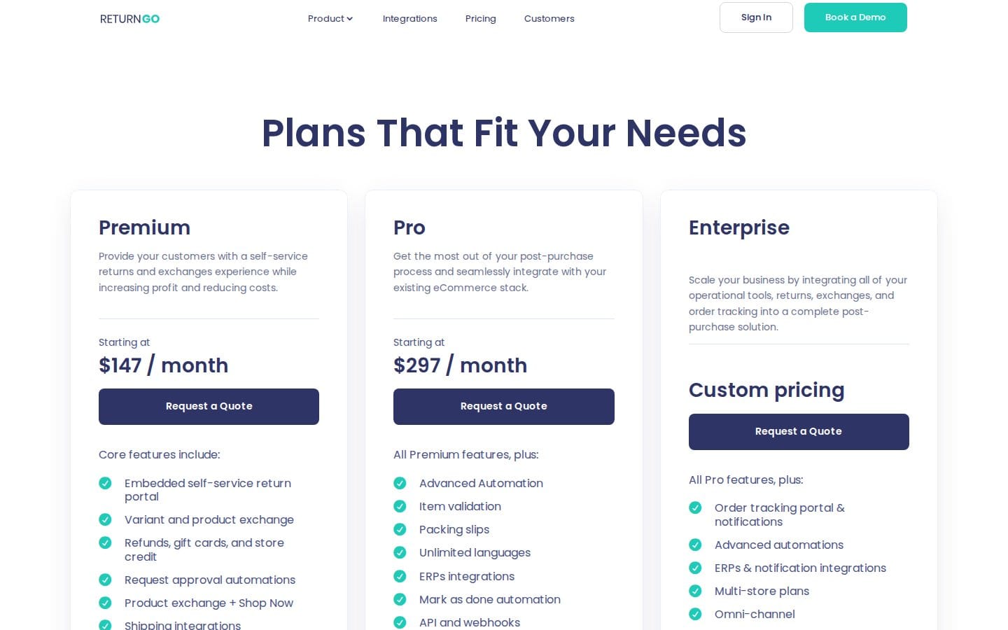 Screenshot of ReturnGO's pricing page