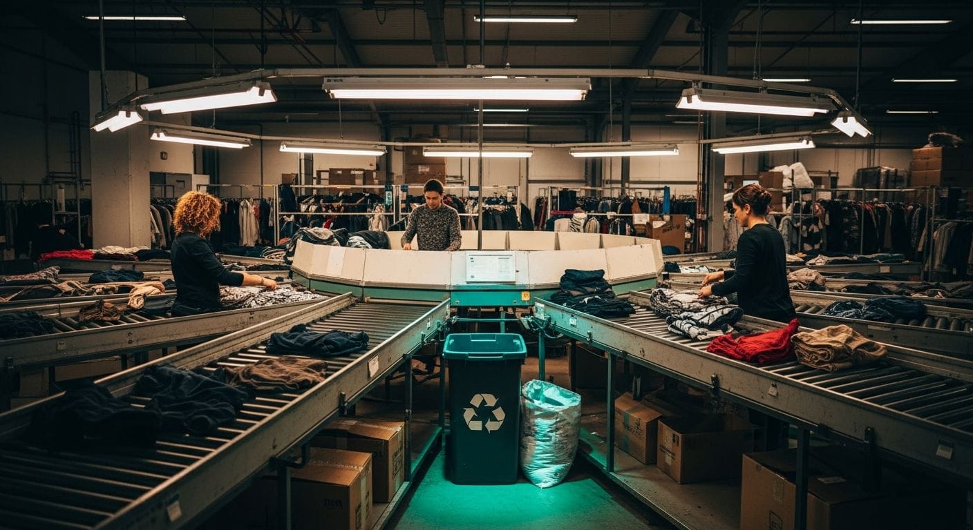 Digital marketplace interface showing interconnected icons for buying, selling, and trading used fashion items sustainably.