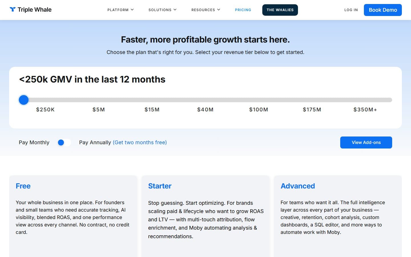 Screenshot of Triple Whale's pricing page