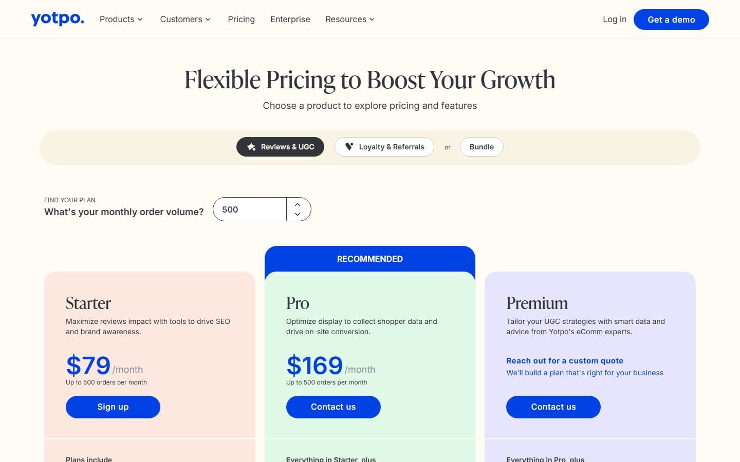 Screenshot of Yotpo's pricing page