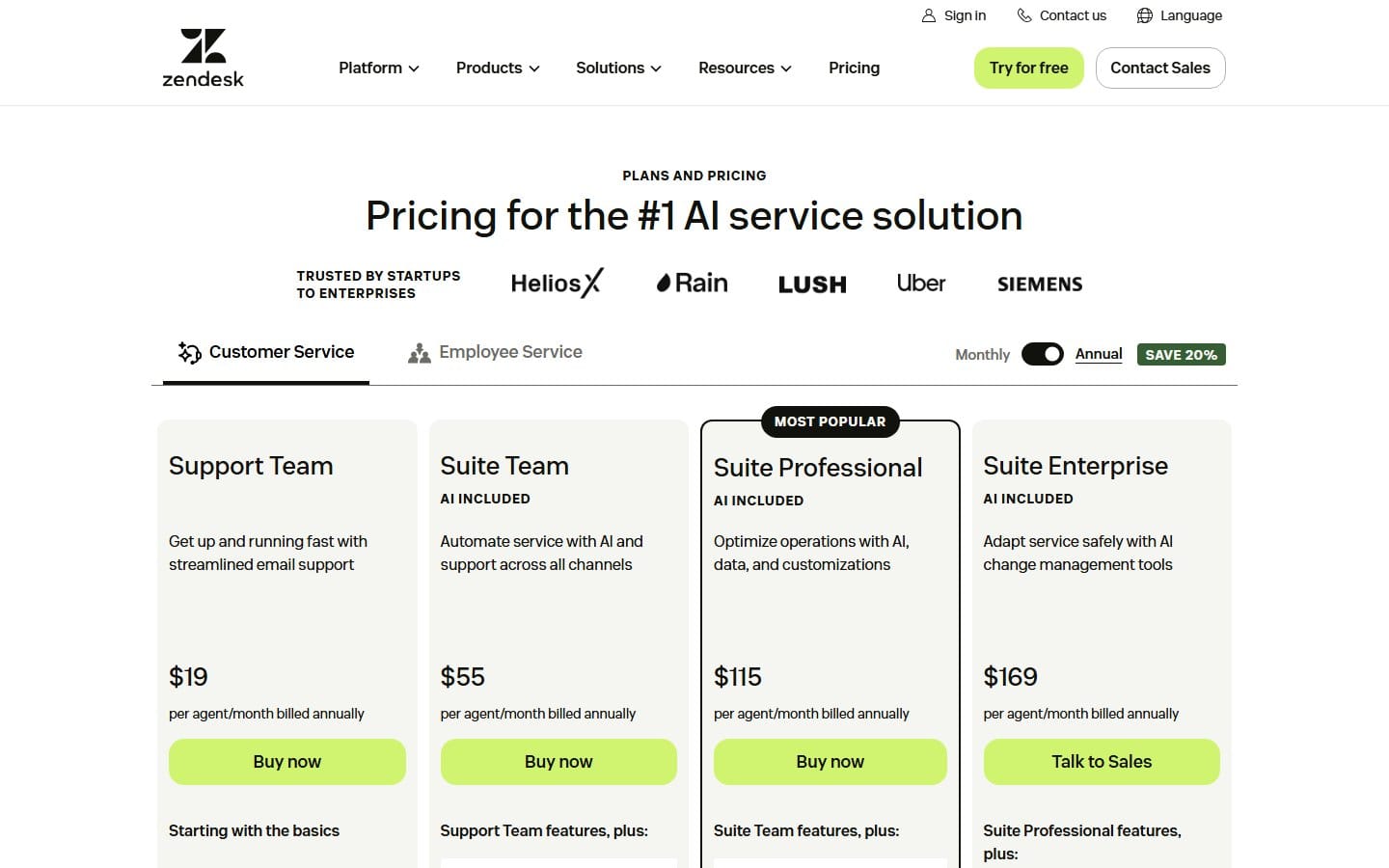 Screenshot of Zendesk's pricing page