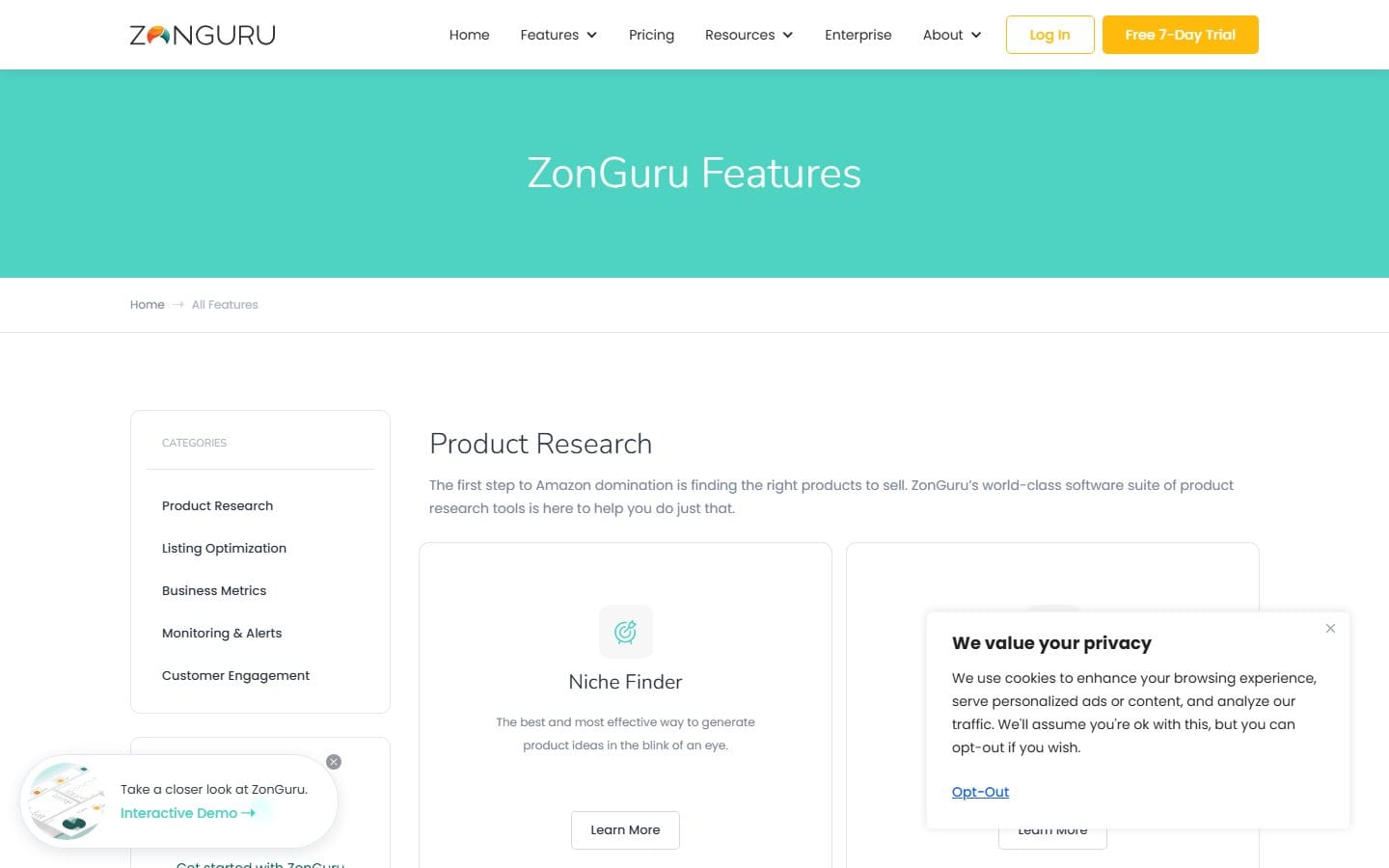 Screenshot of ZonGuru's pricing page