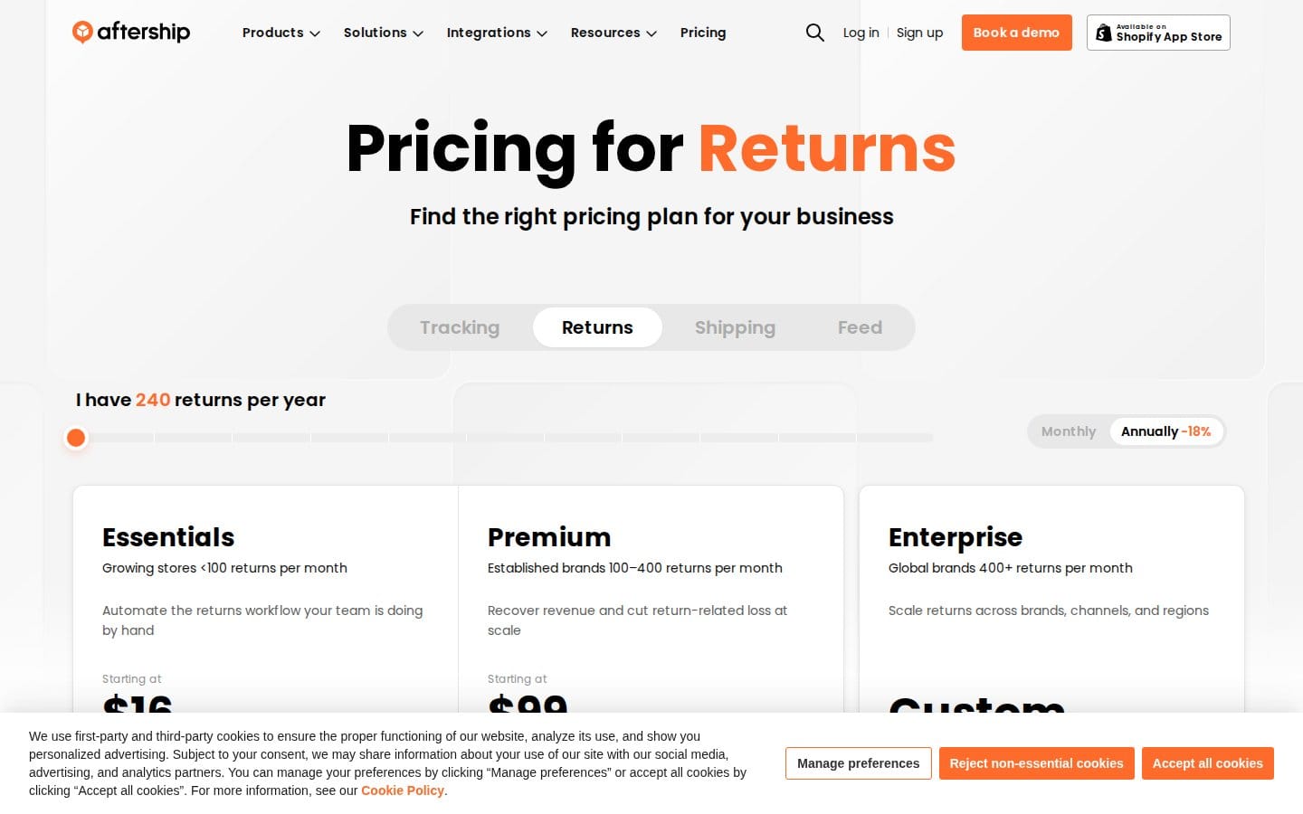 Screenshot of AfterShip Returns's pricing page
