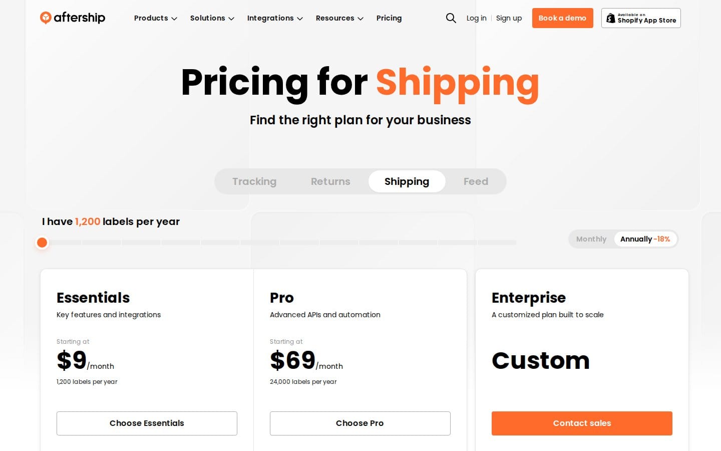 Screenshot of AfterShip's pricing page