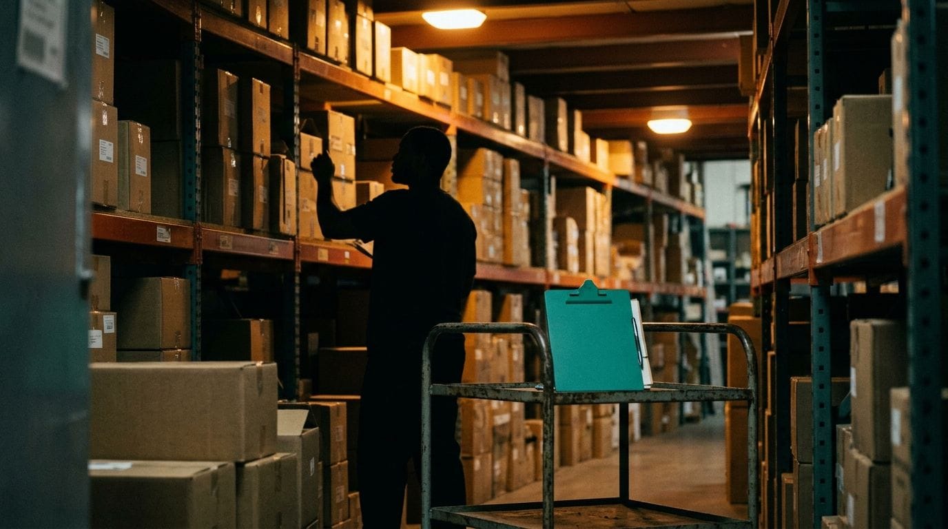 Warehouse shelves stocked with labeled inventory boxes, representing stock valuation and cost of goods sold tracking.