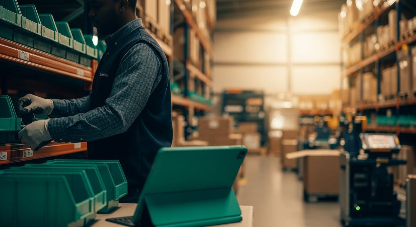 Warehouse manager adjusting inventory levels on computer dashboard showing real-time demand forecasting and safety stock calc