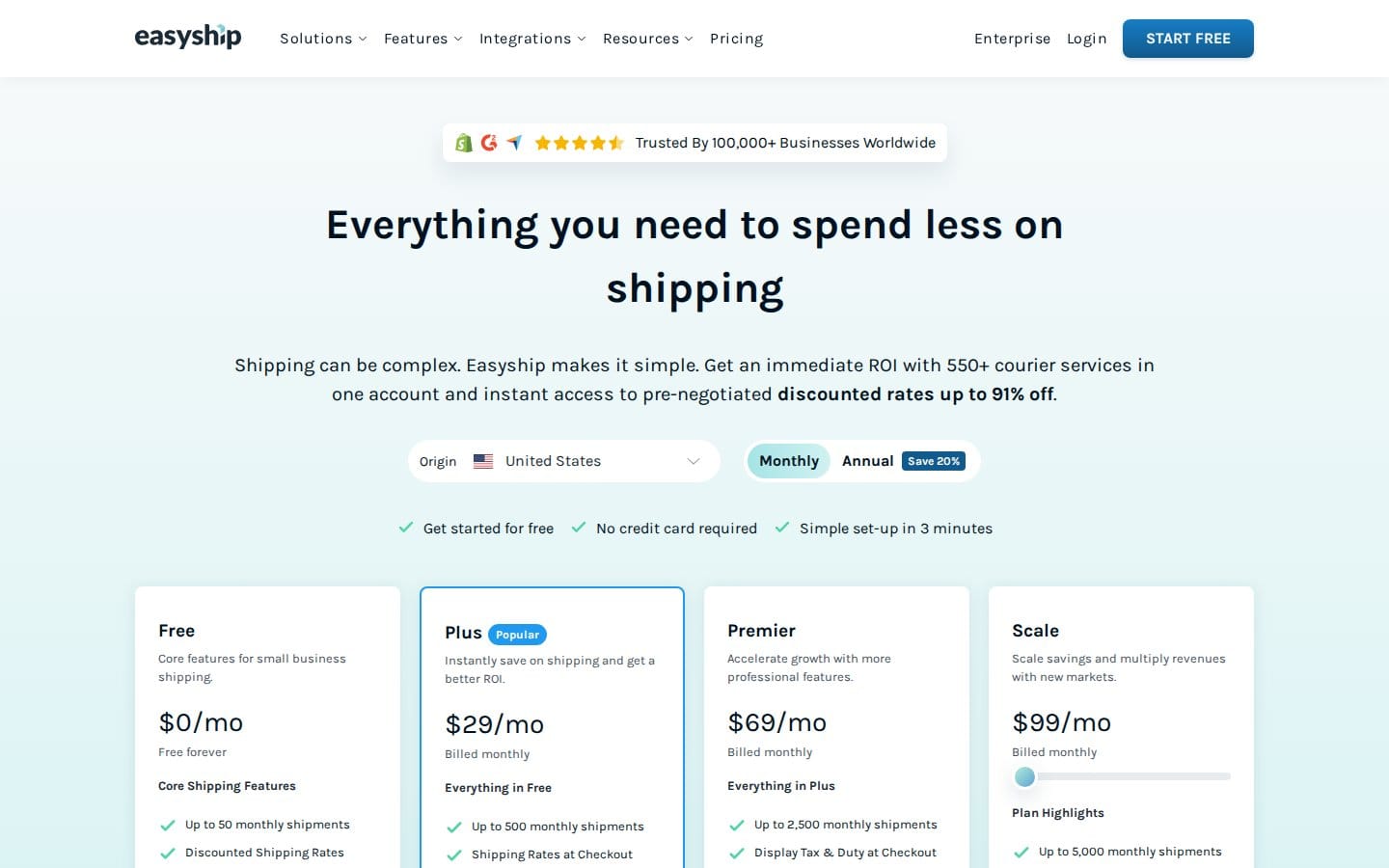Screenshot of Easyship's pricing page