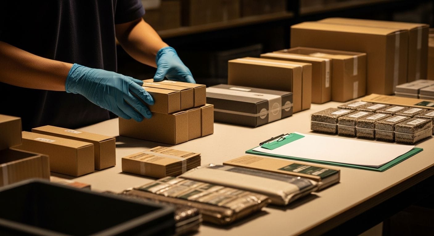 Assorted packaged products showing composite packaging, multi-packs, and mixed material items for Ecoembes classification gui