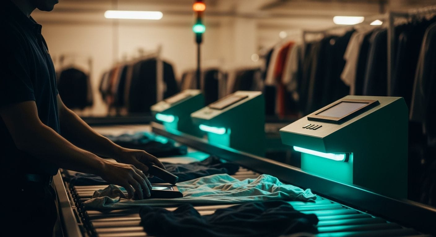 Warehouse worker scanning returned clothing items on conveyor belt for fast fashion returns processing