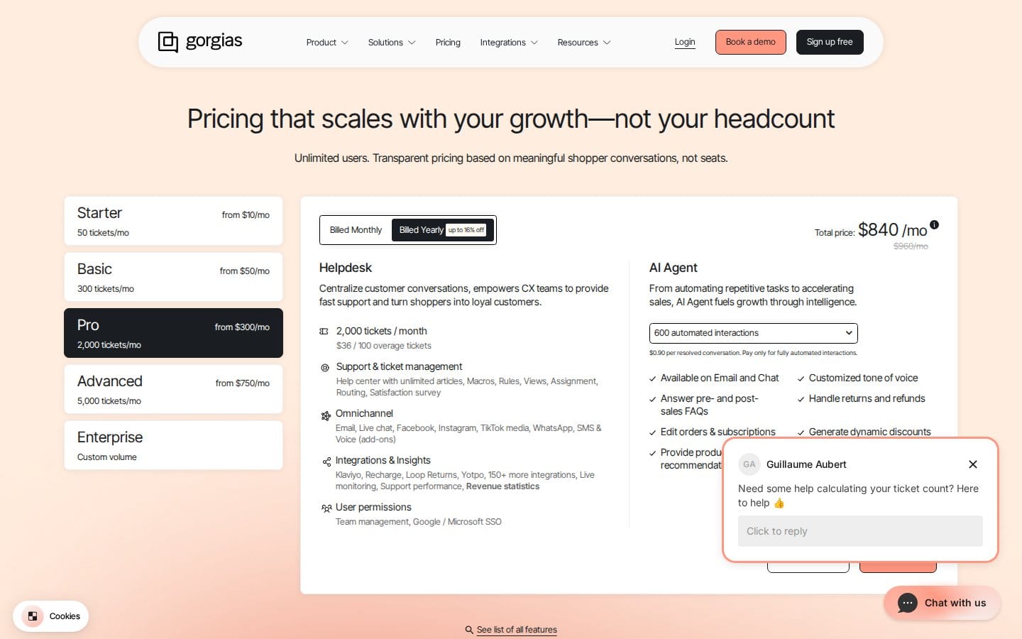 Screenshot of Gorgias's pricing page