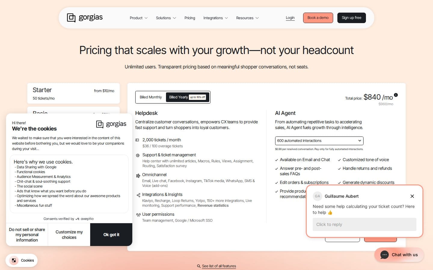 Screenshot of Gorgias's pricing page