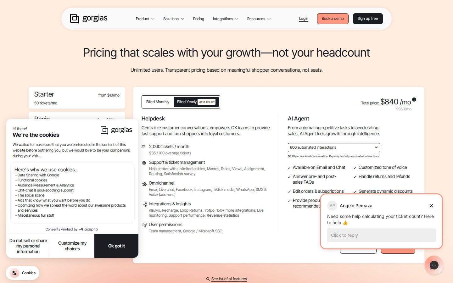Screenshot of Gorgias's pricing page