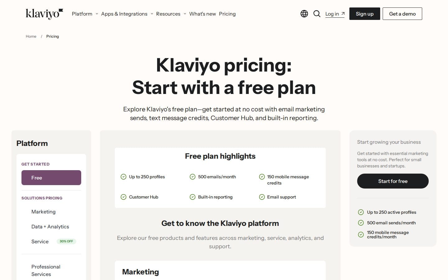 Screenshot of Klaviyo's pricing page