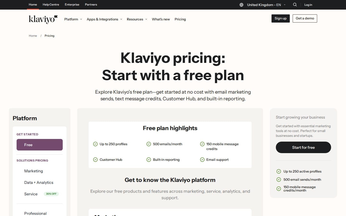 Screenshot of Klaviyo's pricing page