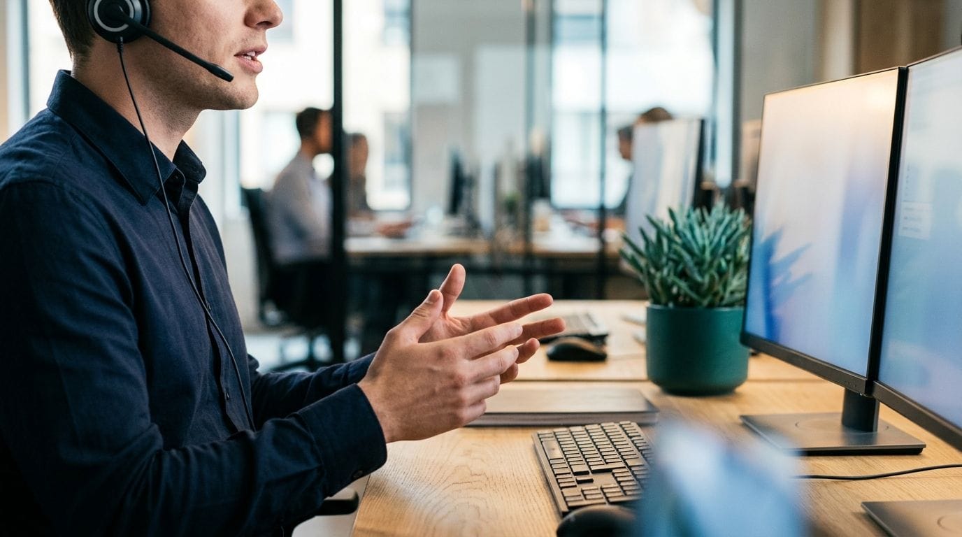 A customer service representative wearing a headset assists a client at a modern support desk with multiple monitors.