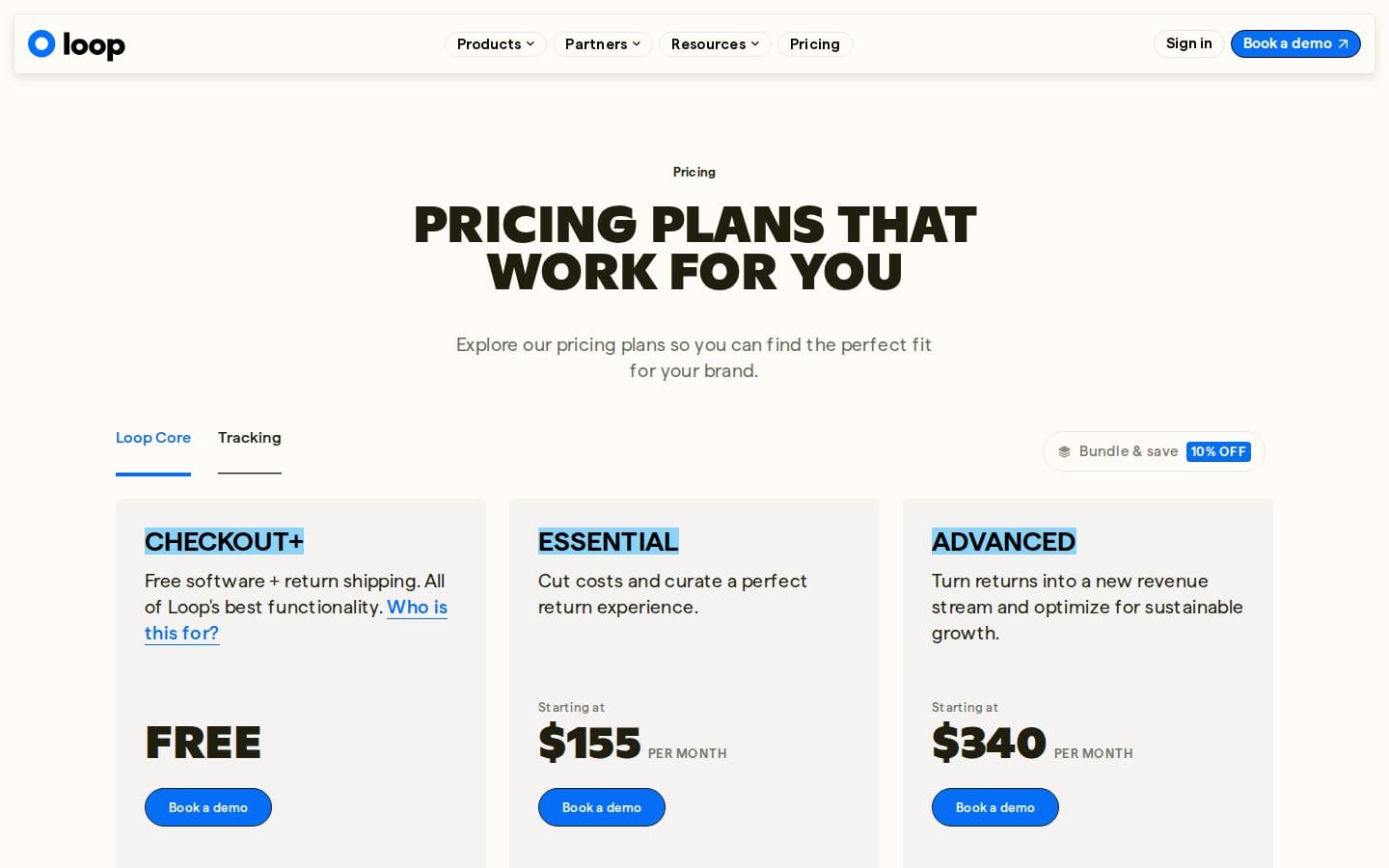 Screenshot of Loop Returns's pricing page