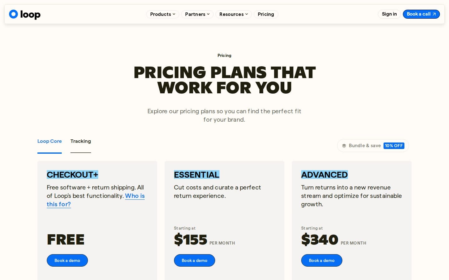 Screenshot of Loop Returns's pricing page