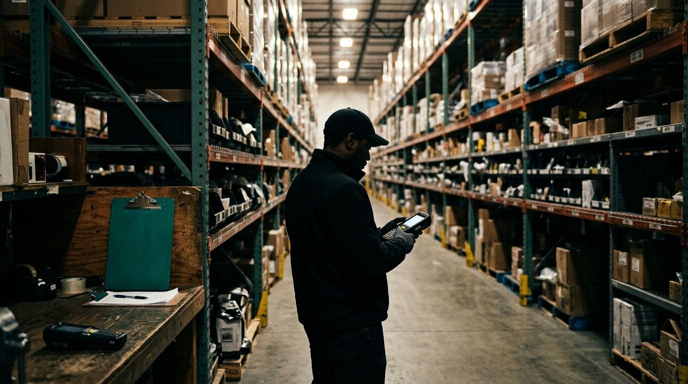 Warehouse worker scanning inventory boxes with digital tablet for stock tracking and compliance documentation