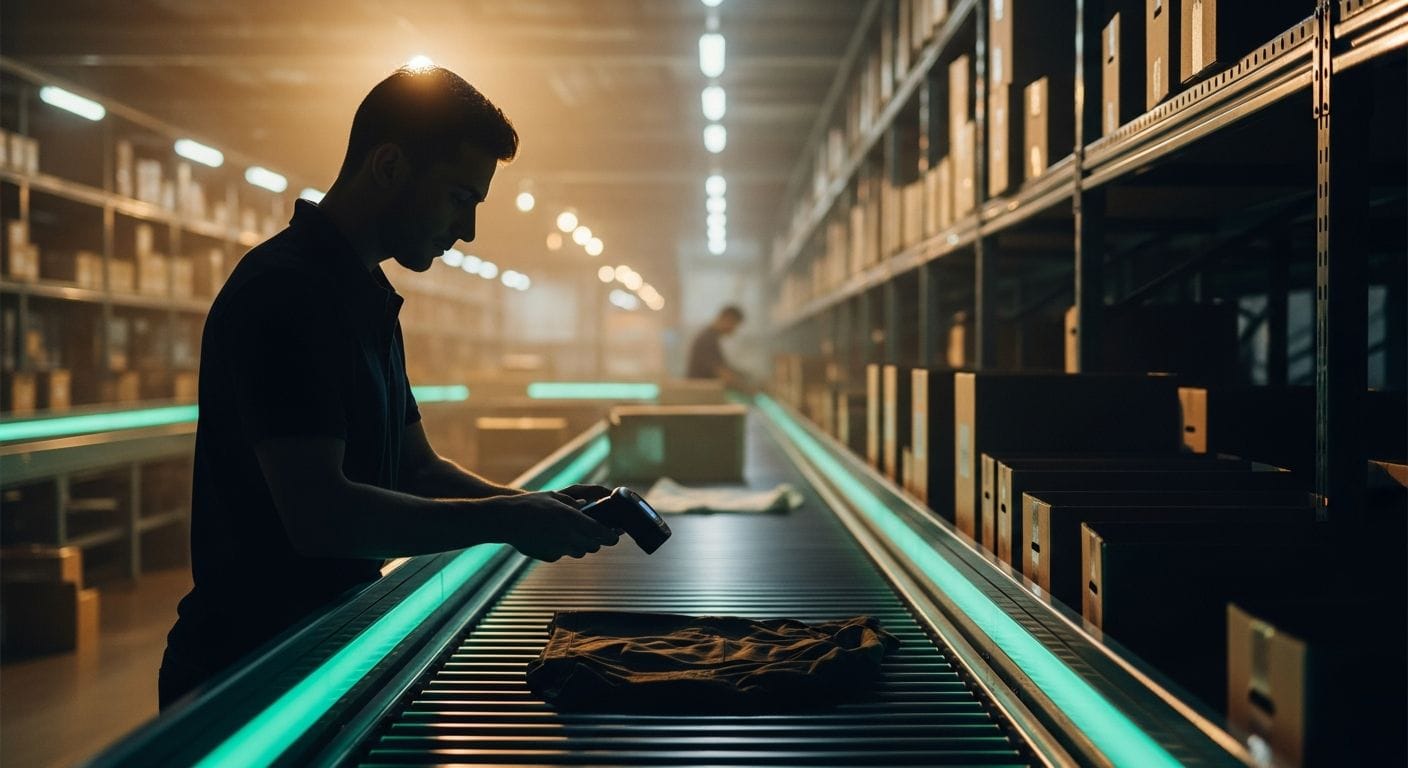 Warehouse worker processing fashion returns at organized station with labeled boxes and inventory system