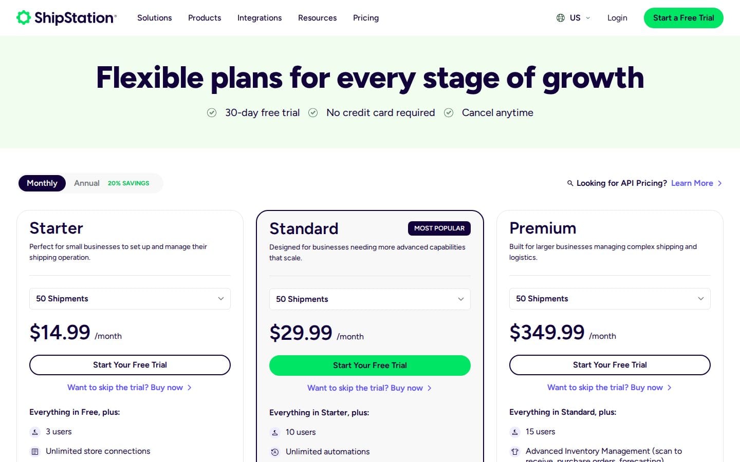 Screenshot of ShipStation's pricing page