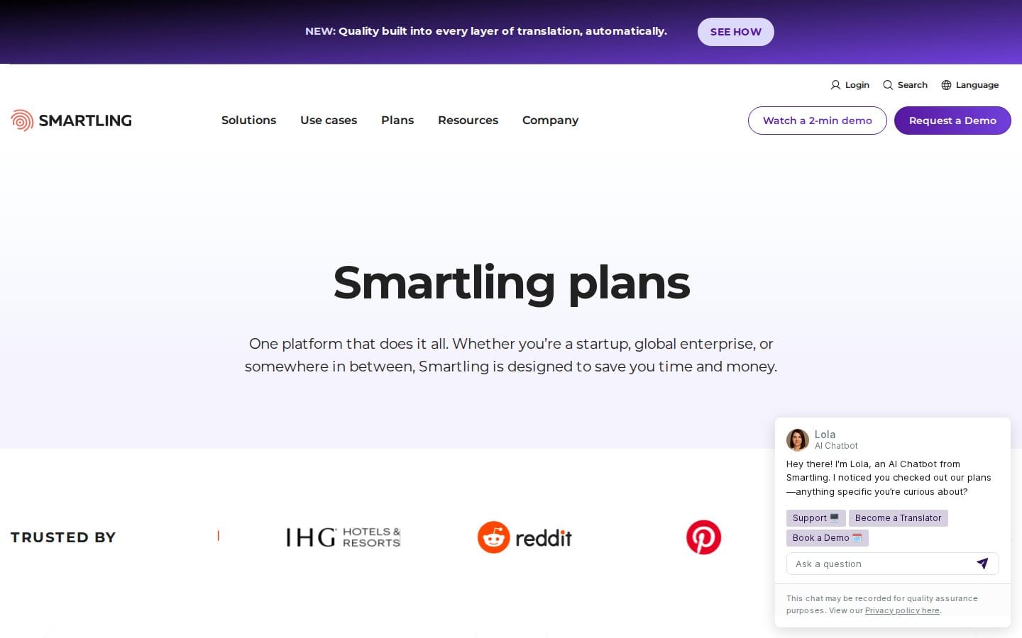 Screenshot of Smartling's pricing page