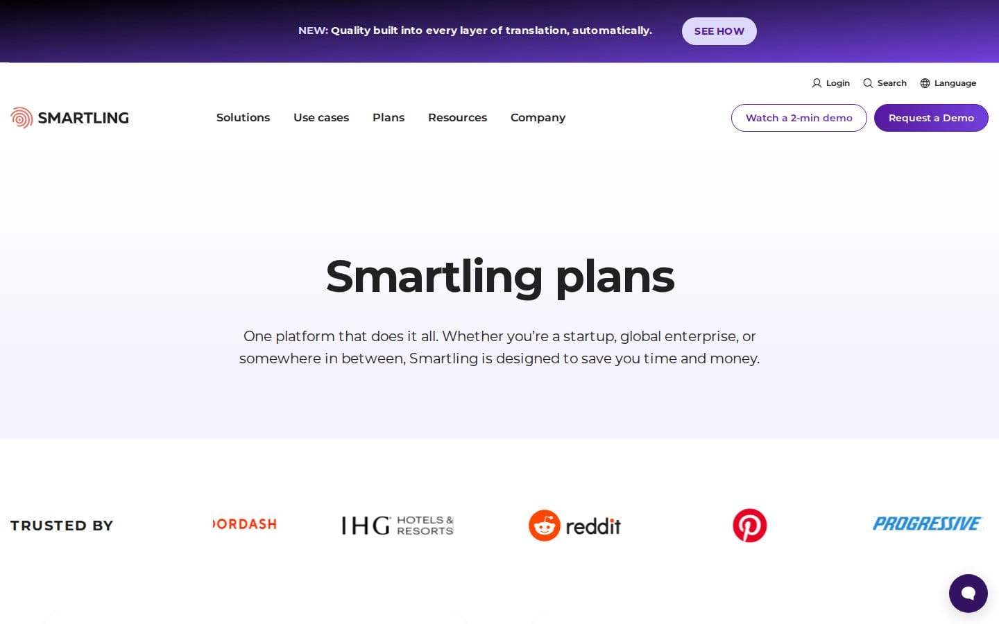Screenshot of Smartling's pricing page