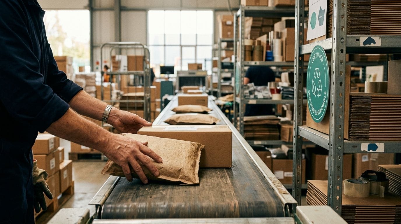 Eco-friendly packaging materials including recycled cardboard boxes, biodegradable packing peanuts, and reusable shipping con