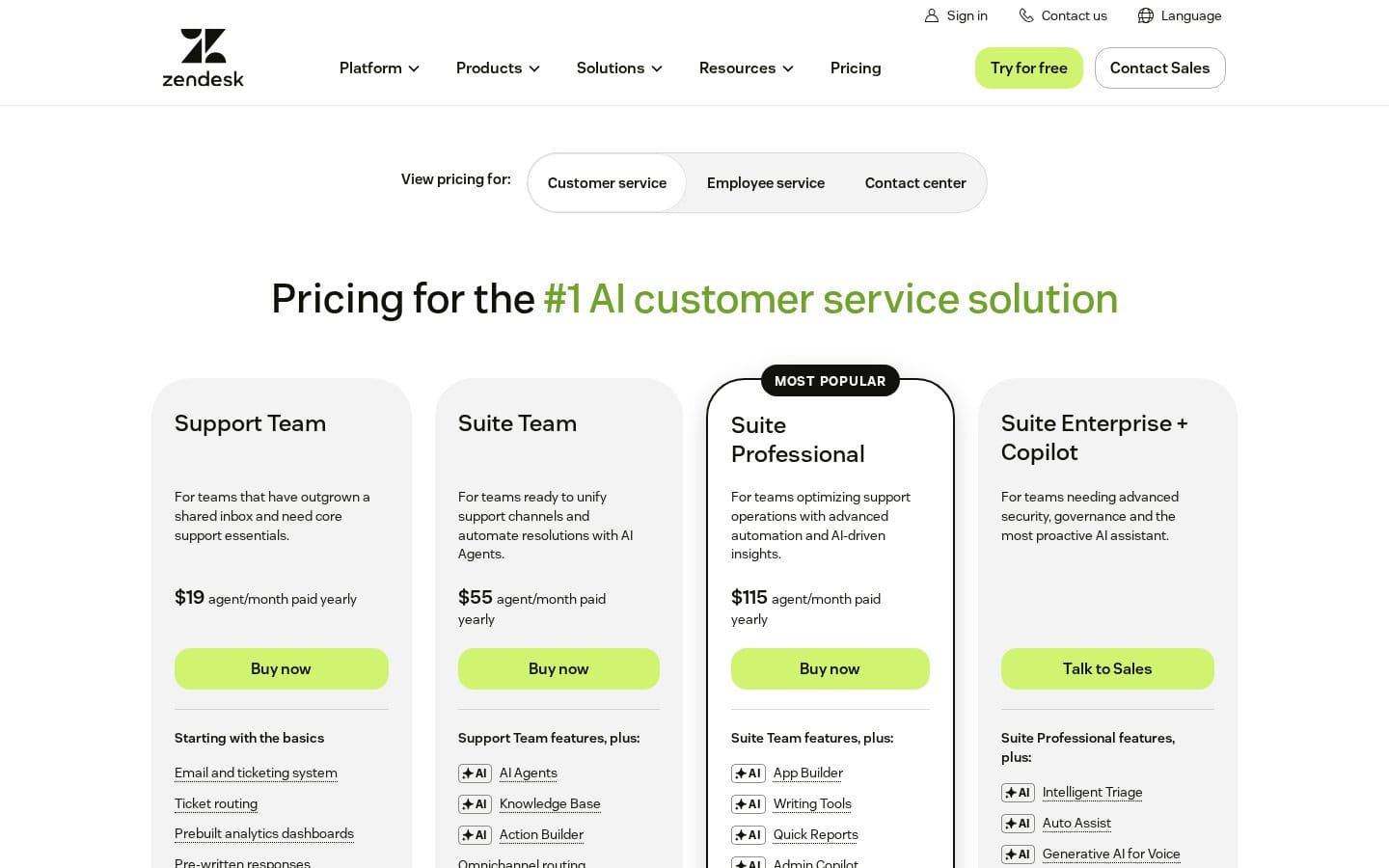 Screenshot of Zendesk's pricing page