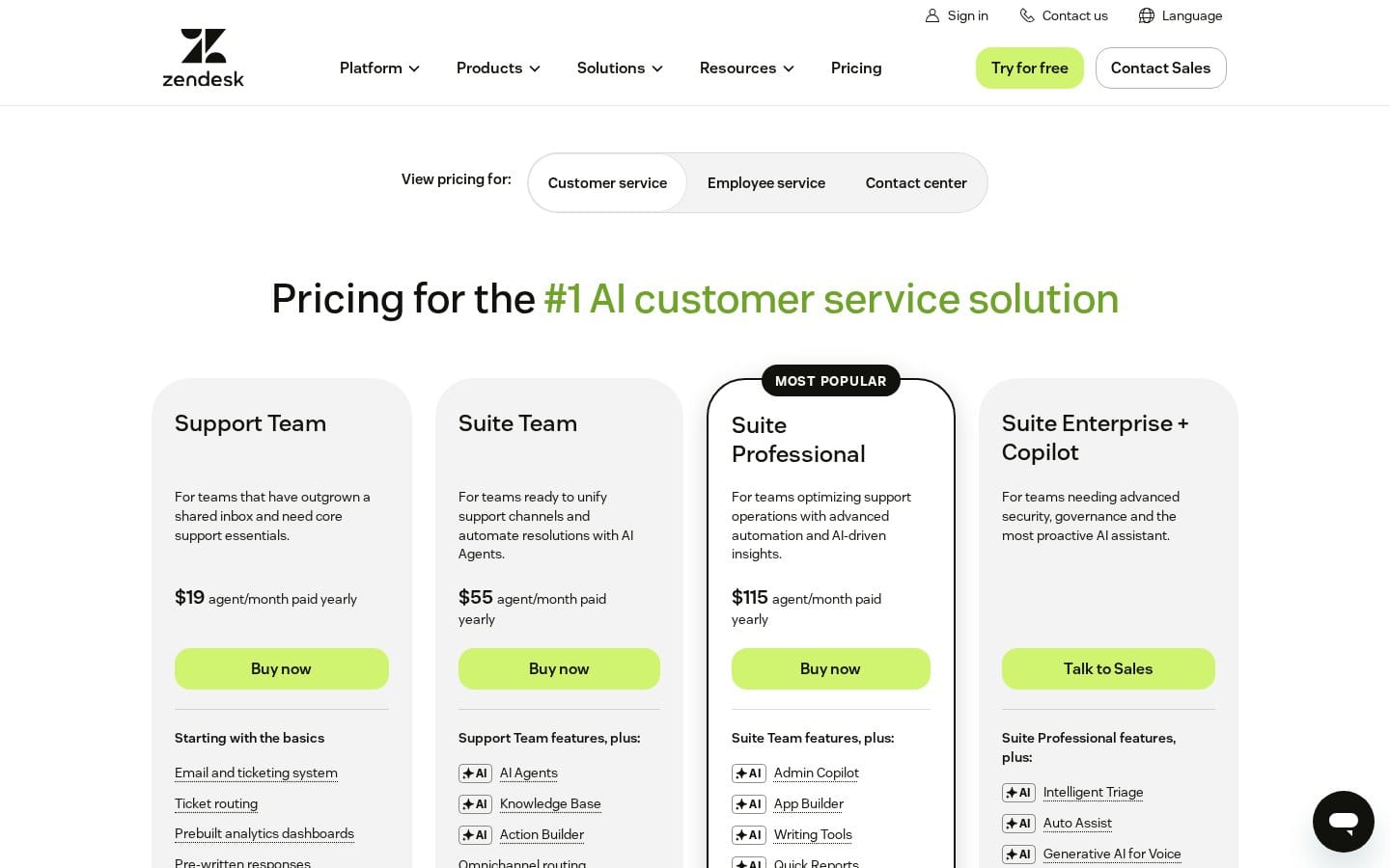 Screenshot of Zendesk's pricing page