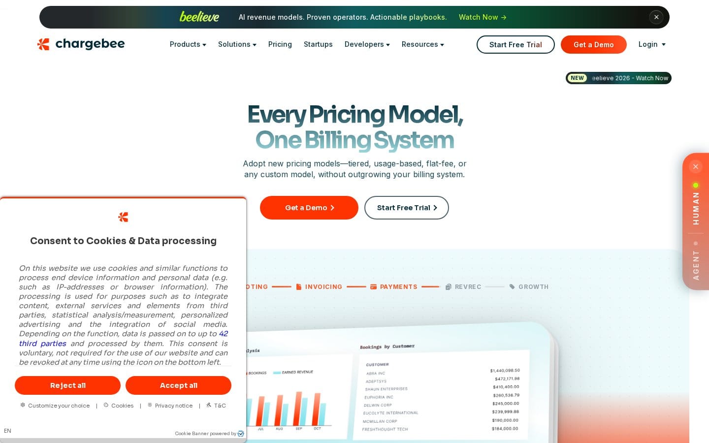 Screenshot of Chargebee's pricing page