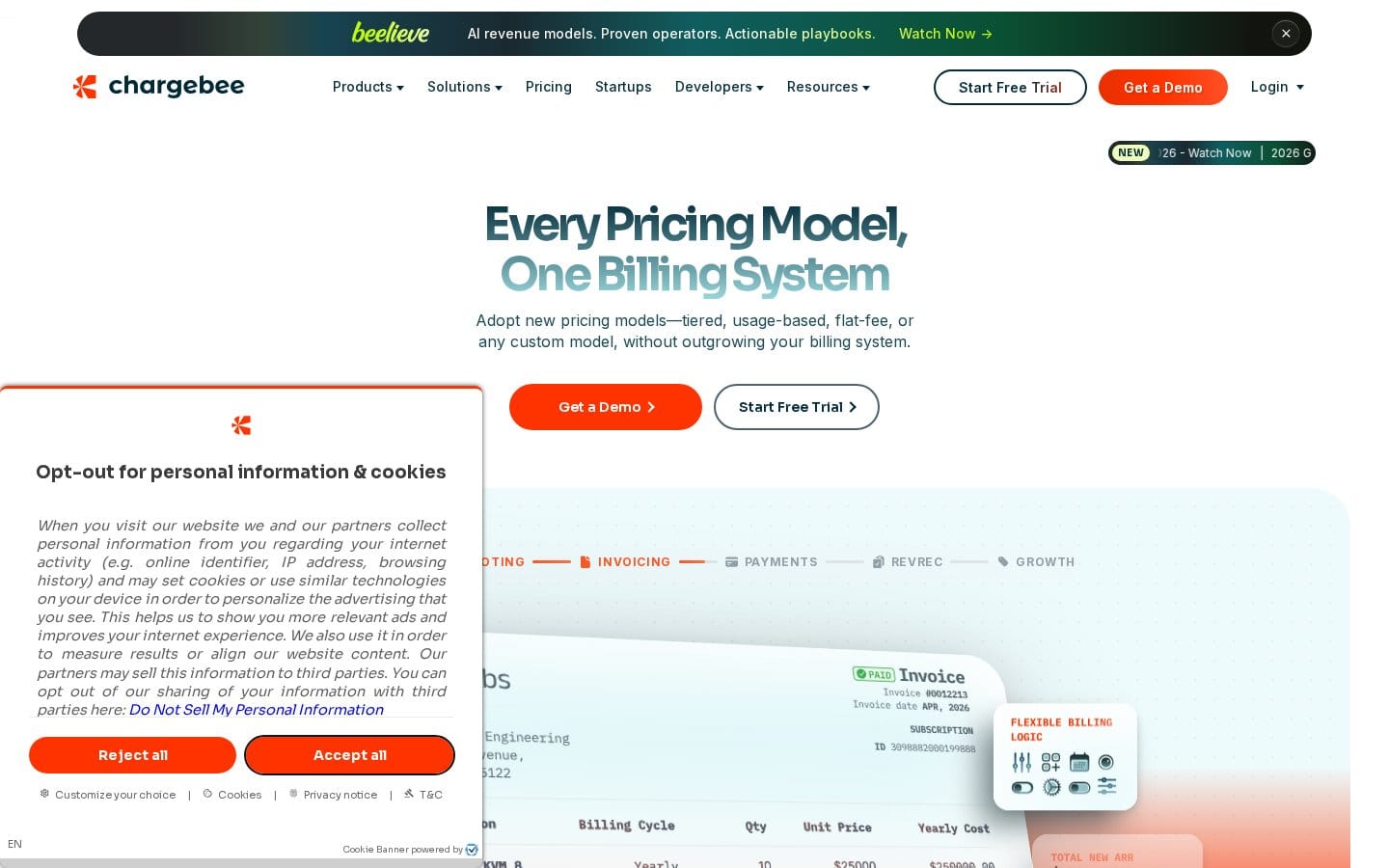 Screenshot of Chargebee's pricing page