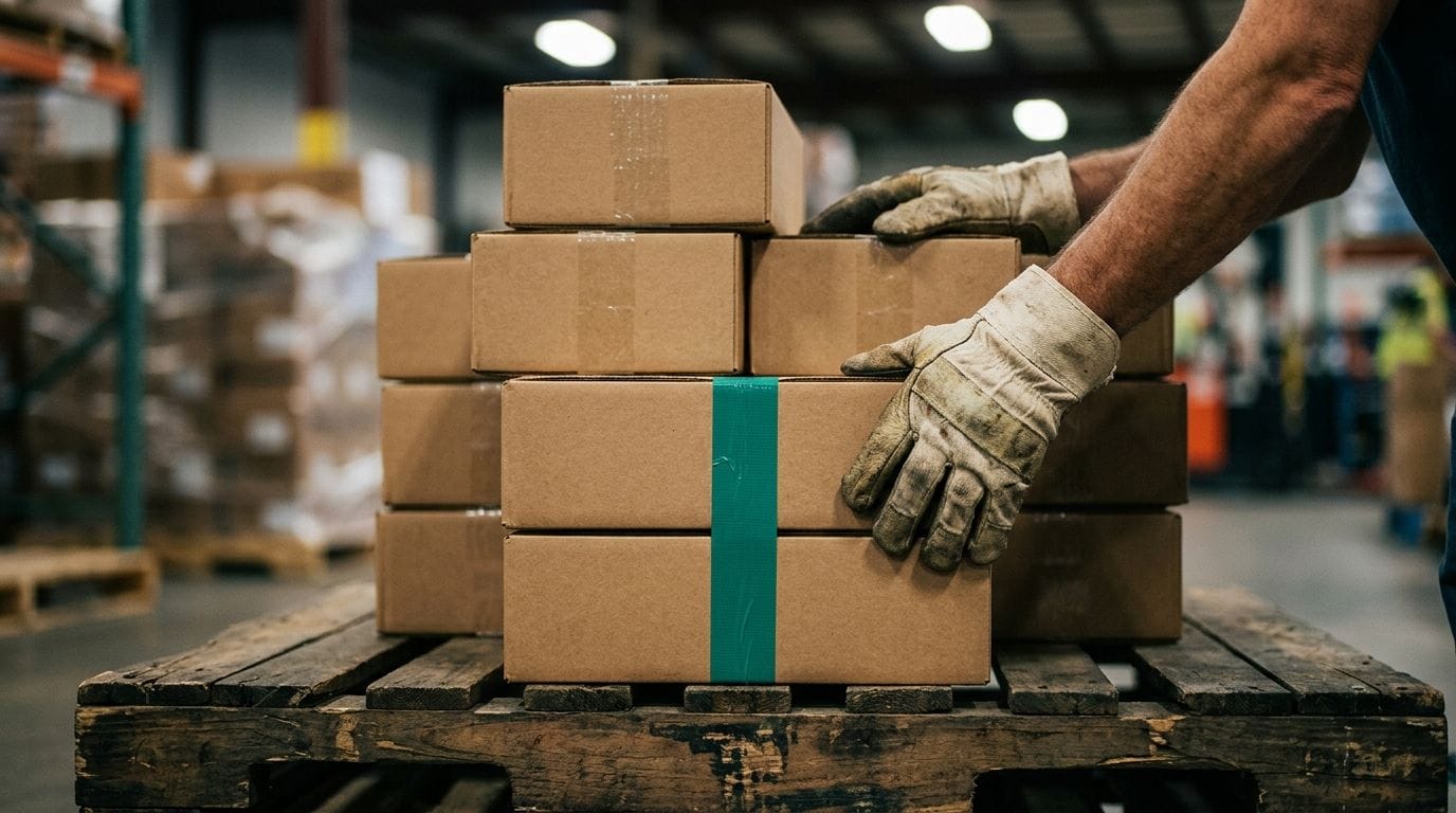 Balanced scale weighing inventory costs with stacked boxes representing different price layers in weighted average calculatio