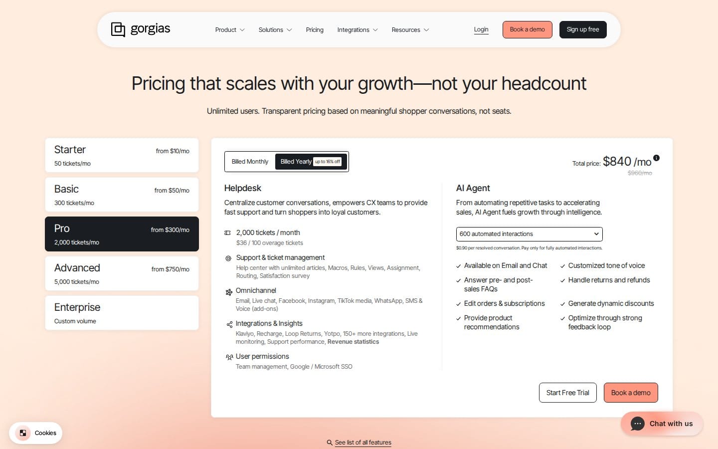 Screenshot of Gorgias's pricing page